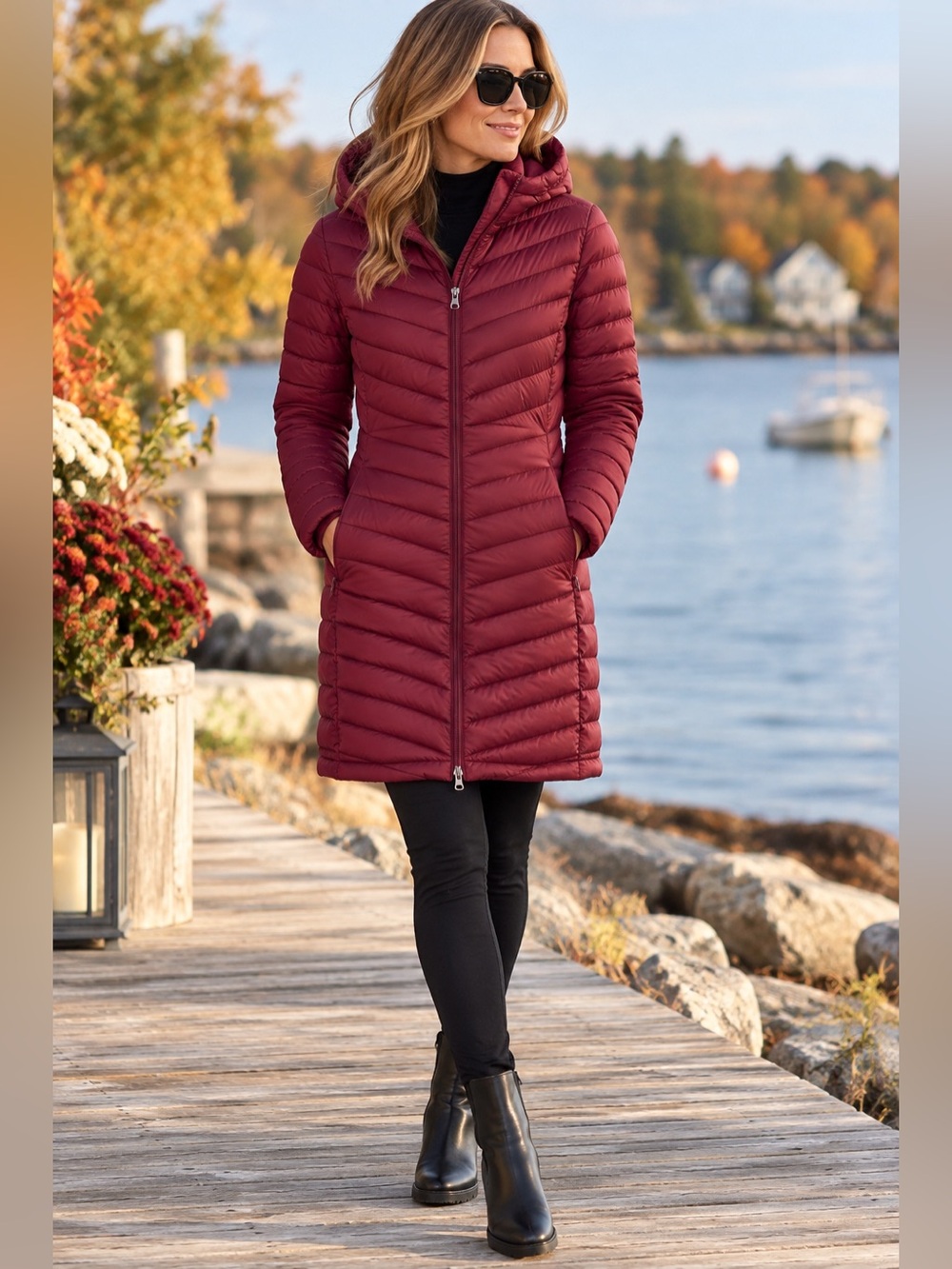 Lands’ End Wanderweight 800 Fill Down Long Puffer Coat XL 18 Burgundy